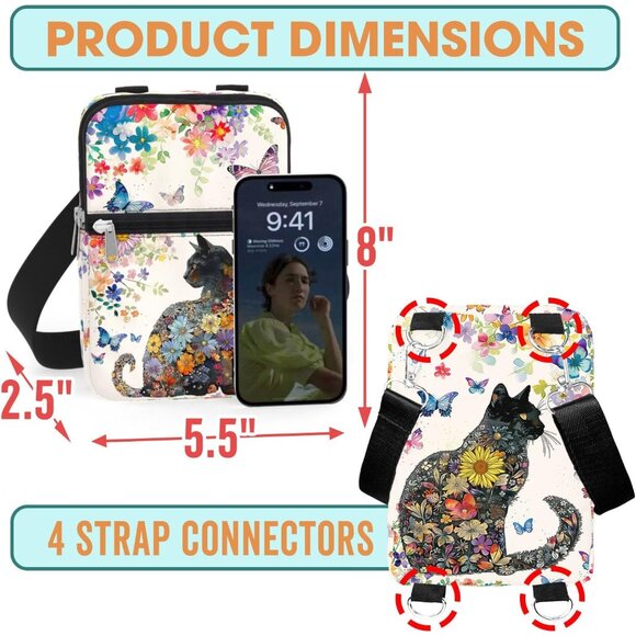 Waterproof Cat Lover Crossbody Phone Bag Small Canvas Zipper Fashion Gift - Picture 2 of 7